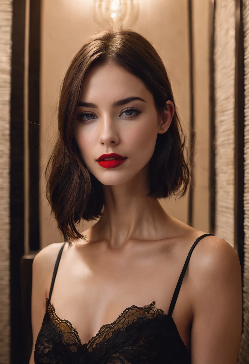 Crie uma mulher Erin Heartheton , texturized skin, shiny long dark brown straight hair,thin face. fleshy lip .slightly red lips .eyes browns, straight hair styled. Wearing a little black lace top. Thin straps , delicate gold necklace, putting on cherry red lipstick, in a luxurious bathroom with night lighting, detailed with light tones and marble, high quality, deep shadows, dynamic lighting, targeted focus, In Full Detail.