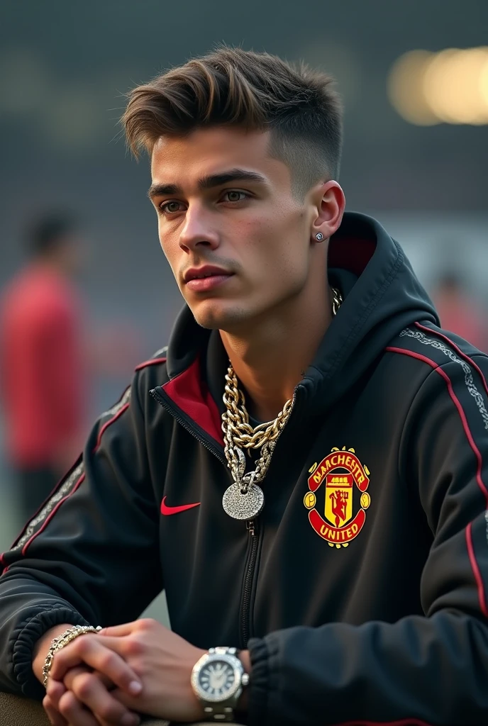 a serbian manchester united 18 year old footballer giving an interview after a game in training jacket with iced out chains and a rolex with shorter hair