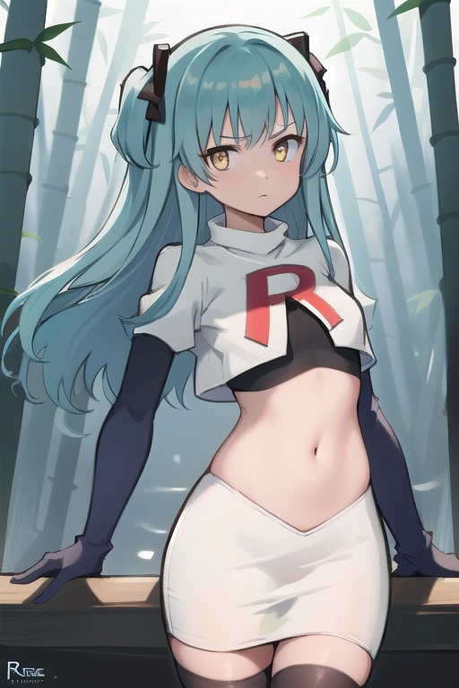 best quality, (masterpiece:1.2), illustration, absurdres,
(1girl, solo), (beautiful detailed girl),
Tio Plato, yellow eyes, aqua hair, long hair, two side up, small breasts,
fake animal ears,
team rocket,team rocket uniform,white skirt,red letter R,crop top,black thigh-highs,black elbow gloves,
looking at viewer,
in bamboo forest, stream,,
cowboy shot,