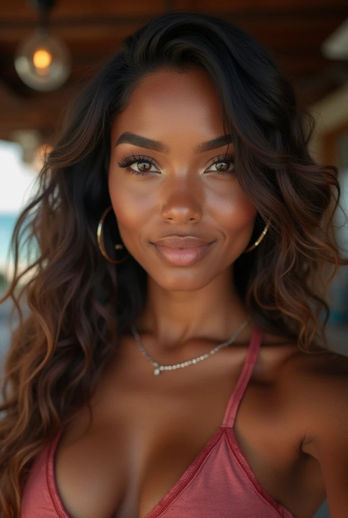 (selfie, center view: 1.4), (full of the body: 1.4), RAW UHD portrait photo of a 24-year-old African (brown-eyed African woman), large breasts, (skirt), behind her Miami restaurant , (neckline), details (textures! , hair! , glitter, color!! , disadvantages: 1.1), glossy eyes with high detail (looking at the camera), SLR lighting, SLR camera, ultra-quality, sharpness, depth of field, film grain (center), Fujifilm XT3, crystal clear, frame center, beautiful face, sharp focus, bokeh (dimly lit), day, detailed skin pores, oily skin, sunburn, complex eye details, full body, large breasts