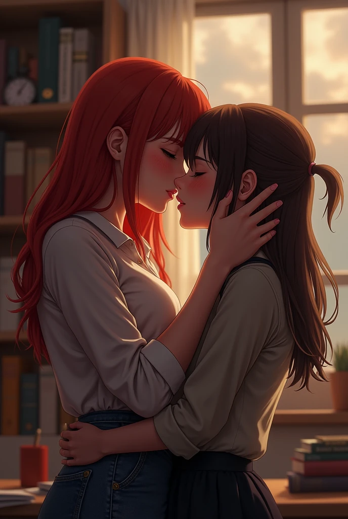 redhead teacher kissing her brunette student