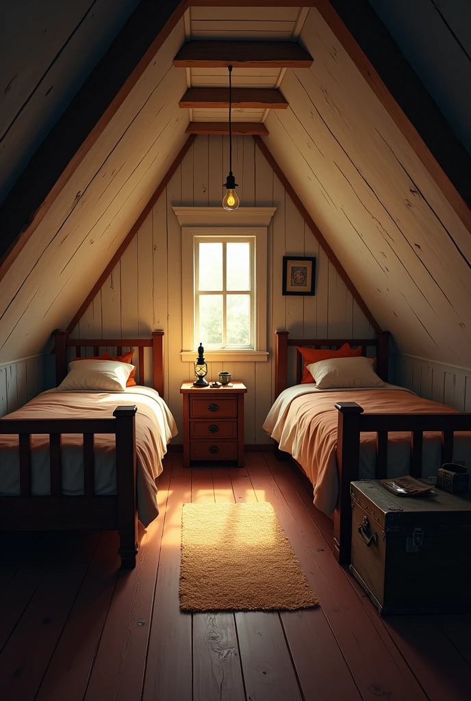 Create an image of an attic bedroom, dimly lit by a yellow bulb hanging from the ceiling. The room must have two single beds
