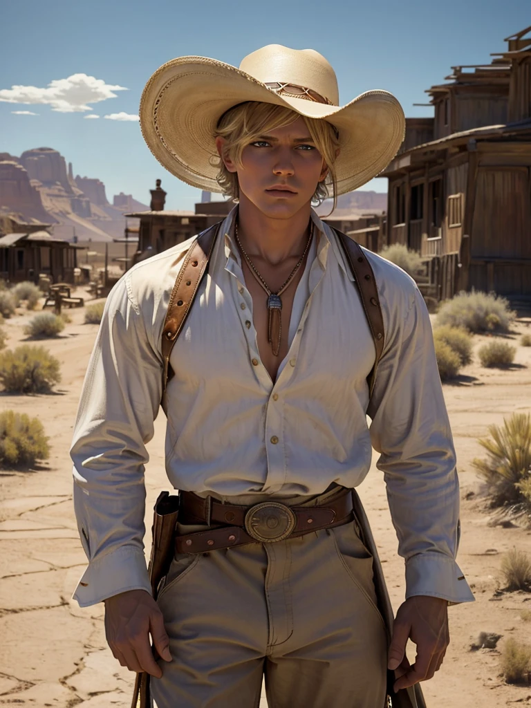 leyendecker, masterpiece, best quality, very aesthetic, absurdres, 1boy, solo, cowboy hat, neutral expression, blonde hair, bandana around neck, white shirt, long sleeves, looking to the side, portrait, outdoors, western, desert, ghost town, dramatic, masterpiece, handsome