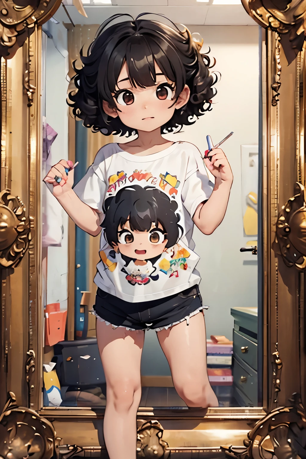 masterpiece，32K，high quality，最high quality，in house，In the room，Room Background，Curly perm black hair，Blunt bangs，iris，Baby Face，Very short stature，Embarrassing，barefoot，Very small ass，Very thin thighs，Small Picture Frame，Flat Chest，mini skirt，Open Fly，Tsundere，Oversized white printed t-shirt，Off the shoulder，Accurate and detailed beautiful female fingers，