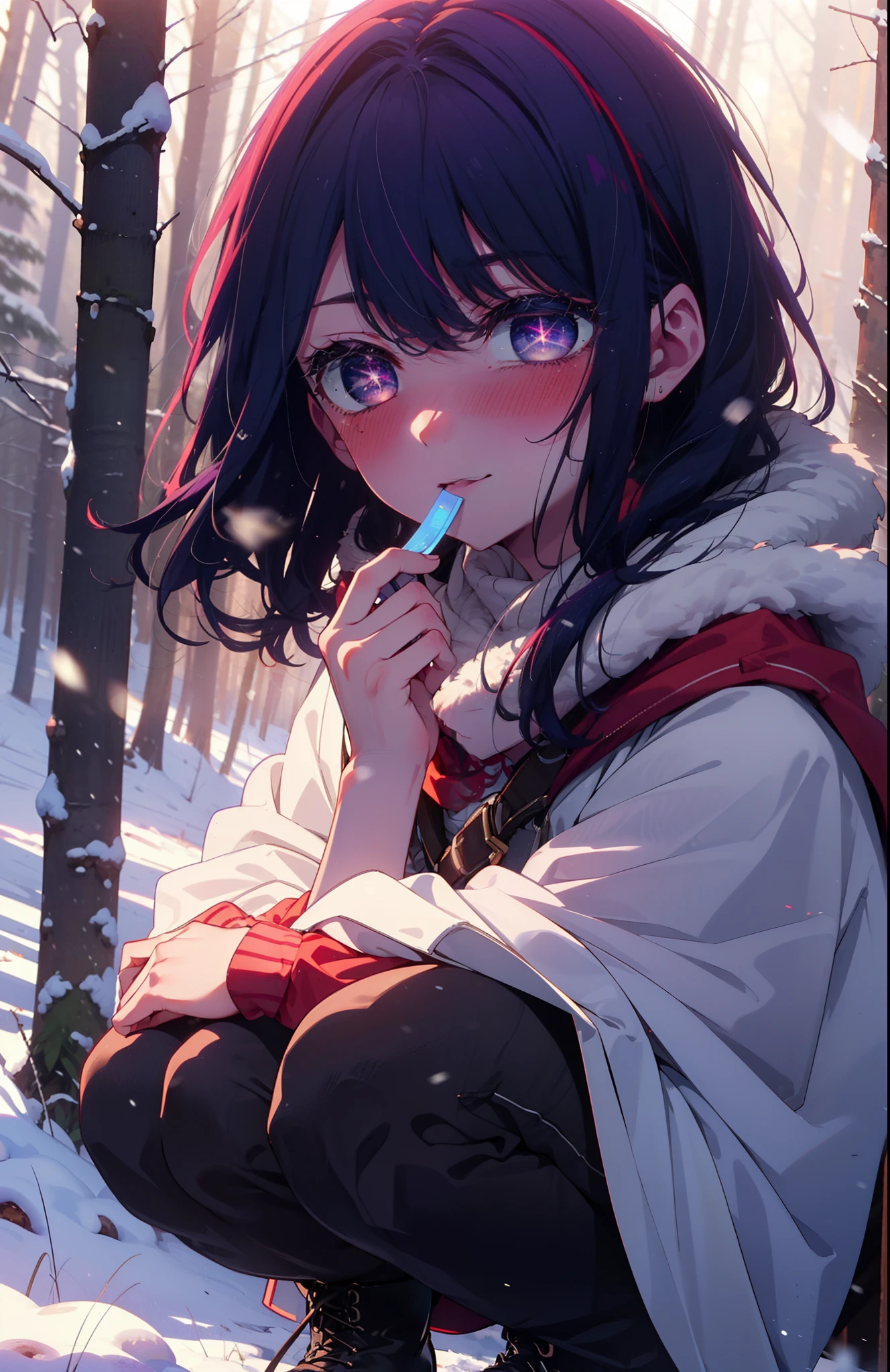 aihoshino, Ai Hoshino, Long Hair, bangs, (Purple eyes:1.1), Purple Hair, (Symbol-shaped pupil:1.5), smile,,smile,blush,white breath,
Open your mouth,snow,Ground bonfire, Outdoor, boots, snowing, From the side, wood, suitcase, Cape, Blurred, , forest, White handbag, nature, Squat, Mouth closed, Cape, winter, Written boundary depth, Black shoes, red Cape break looking at viewer, Upper Body, whole body, break Outdoor, forest, nature, break (masterpiece:1.2), Highest quality, High resolution, unity 8k wallpaper, (shape:0.8), (Beautiful and beautiful eyes:1.6), Highly detailed face, Perfect lighting, Extremely detailed CG, (Perfect hands, Perfect Anatomy),