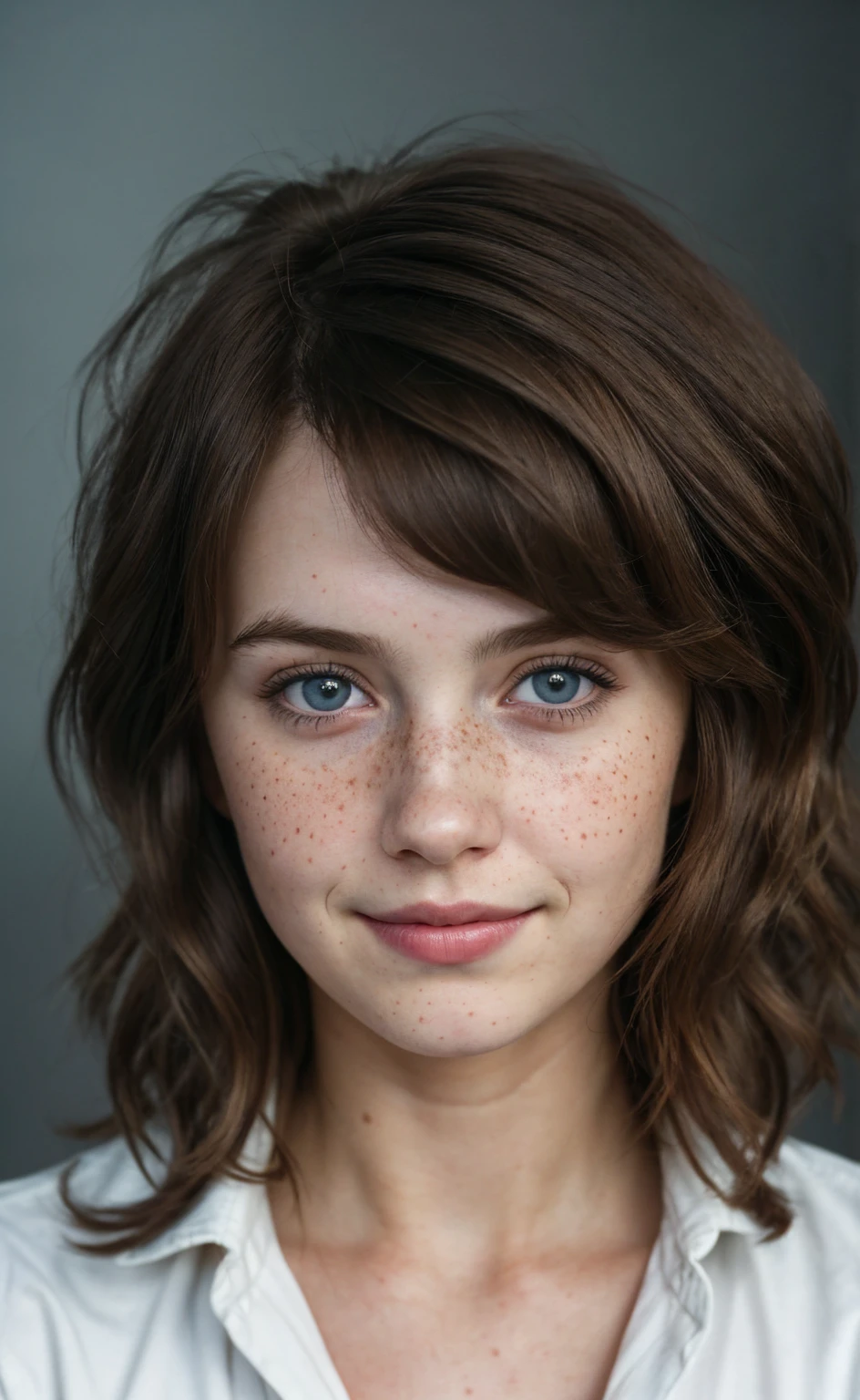 (close-up, editorial photograph of a 21 year old woman), (highly detailed face:1.4) (smile:0.7) (background inside dark, moody, private study:1.3) POV, by lee jeffries, nikon d850, film stock photograph ,4 kodak portra 400 ,camera f1.6 lens ,rich colors, hyper realistic ,lifelike texture, dramatic lighting , cinestill 800, wavy hair, messy hair, Max Caulfield haircut, short hair, Mischievous smirk, Brown hair, Blue eyes, freckles, white skin, Black Coat, White Shirt, Max Caulfield skin, Max Caulfield expression, masterpiece, Astral Plane, Life Is Strange