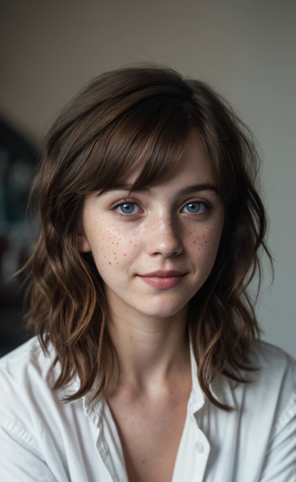 (close-up, editorial photograph of a 21 year old woman), (highly detailed face:1.4) (smile:0.7) (background inside dark, moody, private study:1.3) POV, by lee jeffries, nikon d850, film stock photograph ,4 kodak portra 400 ,camera f1.6 lens ,rich colors, hyper realistic ,lifelike texture, dramatic lighting , cinestill 800, wavy hair, messy hair, Max Caulfield haircut, short hair, Mischievous smirk, Brown hair, Blue eyes, freckles, white skin, Black Coat, White Shirt, Max Caulfield skin, Max Caulfield expression, masterpiece, Astral Plane, Life Is Strange