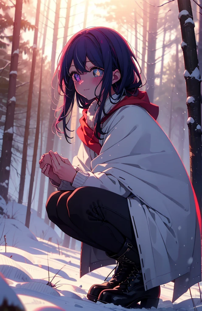 aihoshino, Ai Hoshino, Long Hair, bangs, (Purple eyes:1.1), Purple Hair, (Symbol-shaped pupil:1.5), smile,,smile,blush,white breath,
Open your mouth,snow,Ground bonfire, Outdoor, boots, snowing, From the side, wood, suitcase, Cape, Blurred, , forest, White handbag, nature,  Squat, Mouth closed, Cape, winter, Written boundary depth, Black shoes, red Cape break looking at viewer, Upper Body, whole body, break Outdoor, forest, nature, break (masterpiece:1.2), Highest quality, High resolution, unity 8k wallpaper, (shape:0.8), (Beautiful and beautiful eyes:1.6), Highly detailed face, Perfect lighting, Extremely detailed CG, (Perfect hands, Perfect Anatomy),