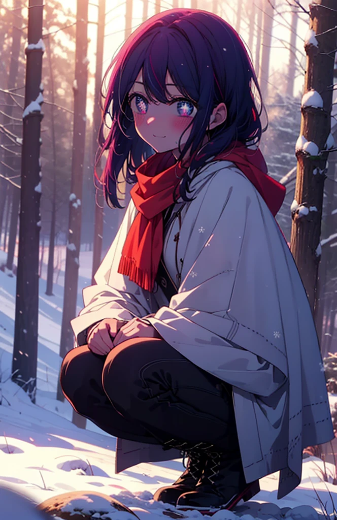 aihoshino, Ai Hoshino, Long Hair, bangs, (Purple eyes:1.1), Purple Hair, (Symbol-shaped pupil:1.5), smile,,smile,blush,white breath,
Open your mouth,snow,Ground bonfire, Outdoor, boots, snowing, From the side, wood, suitcase, Cape, Blurred, , forest, White handbag, nature,  Squat, Mouth closed, Cape, winter, Written boundary depth, Black shoes, red Cape break looking at viewer, Upper Body, whole body, break Outdoor, forest, nature, break (masterpiece:1.2), Highest quality, High resolution, unity 8k wallpaper, (shape:0.8), (Beautiful and beautiful eyes:1.6), Highly detailed face, Perfect lighting, Extremely detailed CG, (Perfect hands, Perfect Anatomy),