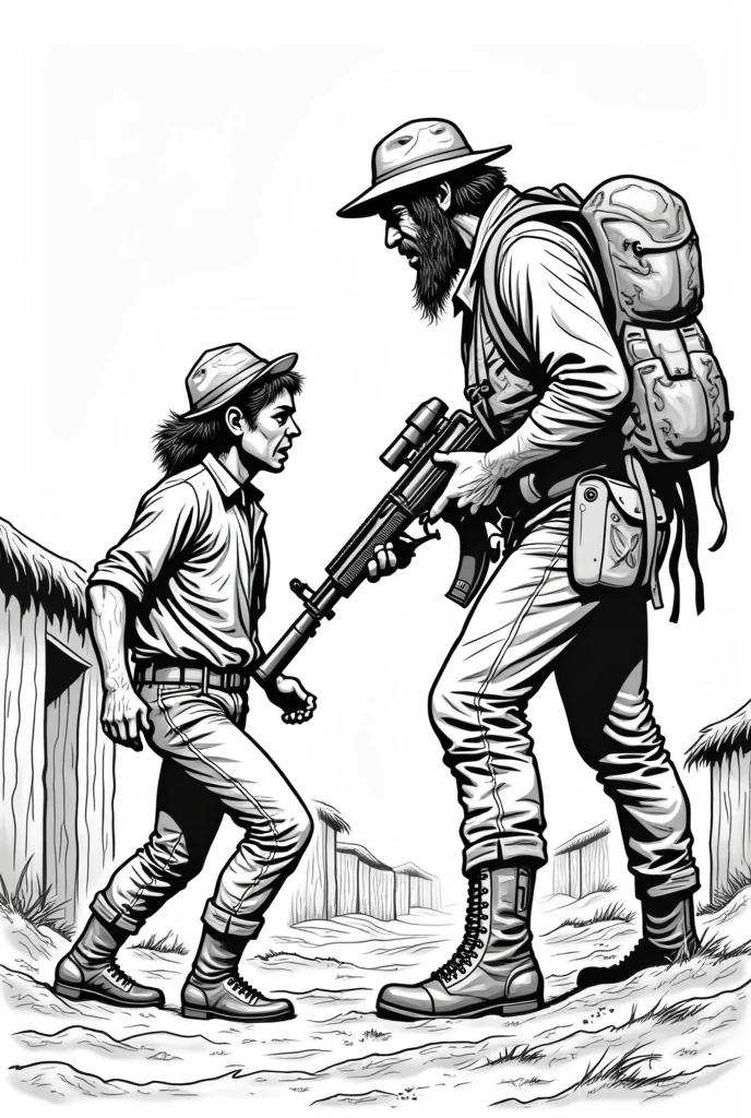 Peasant with a guerrilla threatening him coloring page
