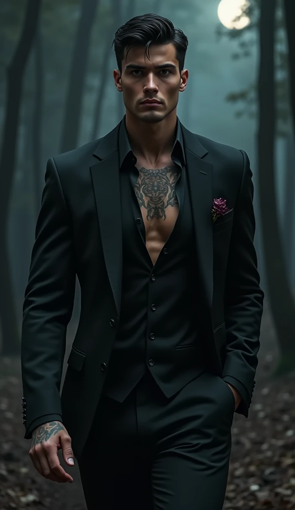A tall, muscular, broad-shouldered, athletic physique of a 30yo Italian man, wearing a black Armani suit with the top two shirt buttons open and the sleeves rolled up half way, he has tattoos on his neck and arms, confident body language and intense expression, strikingly handsome face with a perfectly defined jawline and vibrant skin, short black hair, silver-grey coloured eyes, ((finely detailed eyes)), highly detailed illustration, walking through the dark forest at midnight, deep focus, d & d, fantasy, intricate, digital painting, artstation, concept art, full moon, matte, sharp focus, ultrarealistic, shot in the style of Wes Anderson, Mysterious and seductive atmosphere.