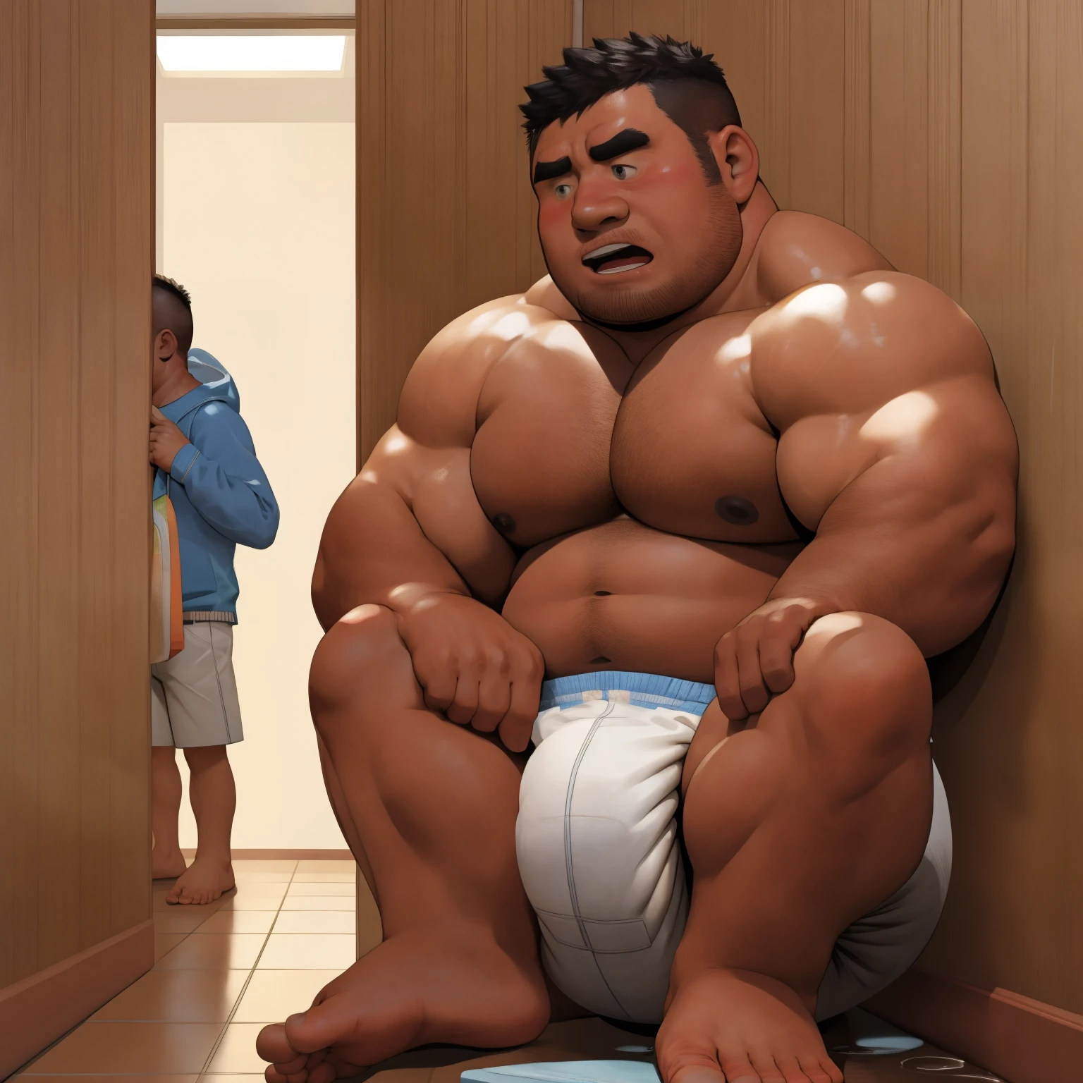 masterpiece, Top quality, in 32K, perfect anatomy, hyper detailed, super fine illustration, The thick man is a brutal prisoner, retarded, hairy, human, 50yo in japan, (fatness: 1.0), Fatty muscle, Bowleg, disappointment, incontinent, be diaper check by children, There is a small puddle under him, Naked, short legs, Bowleg, spread legs, wear a White cloth Diaper, Bare belly, Bare legs, Bare foots, Bare soles, Shirtless, wide forehead and short thinning hair, Man with round face with stubble, Bare foots, Bare soles, shy, sissy, Weaker than children, Drool, Round face, He enters nursery school and is despised by children, He is made to stand attention in the corner of the playroom, corner time, He surrounded by children, Bare foots, big butt, White Diaper, sobbing, There is a small puddle under him