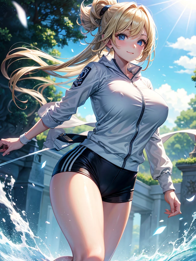 Anime style, super fine illustration, highly detailed, beautiful detailed, pale tone image, static representation, gentle expression, 8k, pretty 1girl with blonde straight short hair & blue eyes & a bright smile & huge breasts & soft fair skin is wearing the black skportswear  & sportshorts & sportsjaket in the park, in the morning, in the brilliant particles of lights, romantic stories, solo, perfect 5fingers, perfect arms, perfect legs, masterpiece.