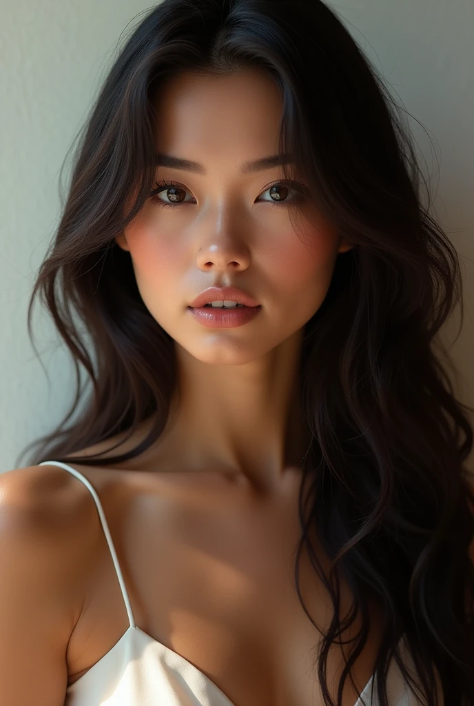 a woman with clear, radiant skin, lively, intense eyes, long, dark hair, and an elegant body