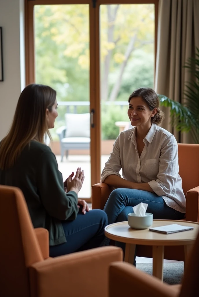 Imagine a calming, well-lit room with comfortable chairs arranged in a circle, creating an inviting and open atmosphere. There’s a table with a few tissues and a notepad, suggesting a supportive environment for discussion. The counselor, a compassionate professional, is engaged in a thoughtful conversation with a woman in her 30s or 40s, who appears reflective and hopeful. The scene conveys empathy, trust, and a focus on personal growth and resolution of marital issues, without any distractions from children. The overall tone is warm and reassuring, aiming to foster a sense of understanding and renewal.