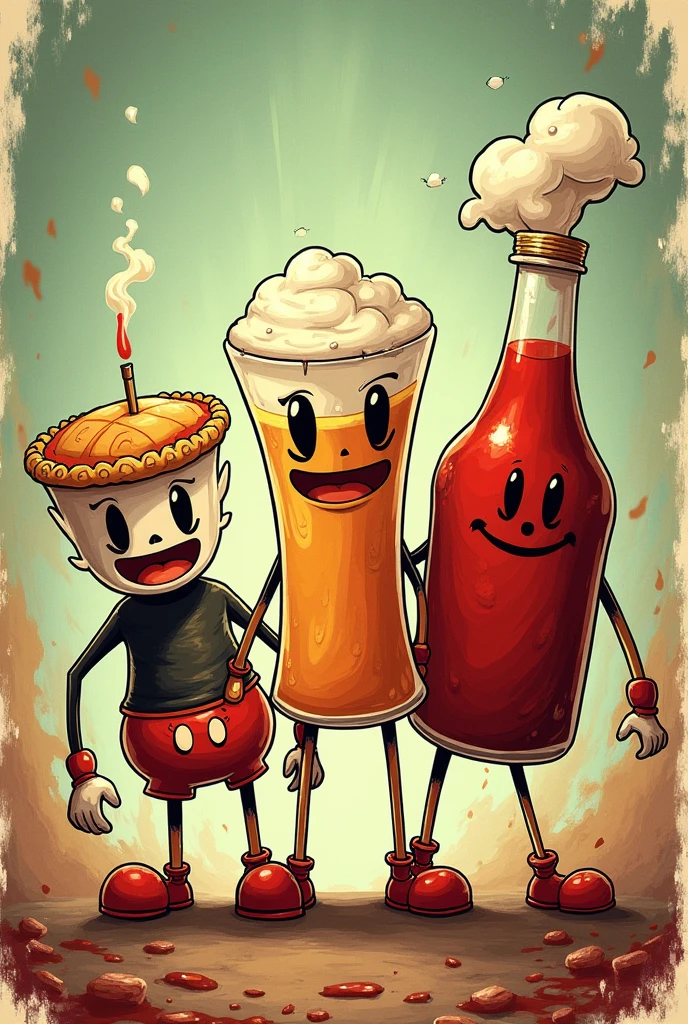 A pie, um suco e um ketchup como bosses do jogo Cuphead, and try to catch as many as possible in the Cuphead style and try to place them next to each other