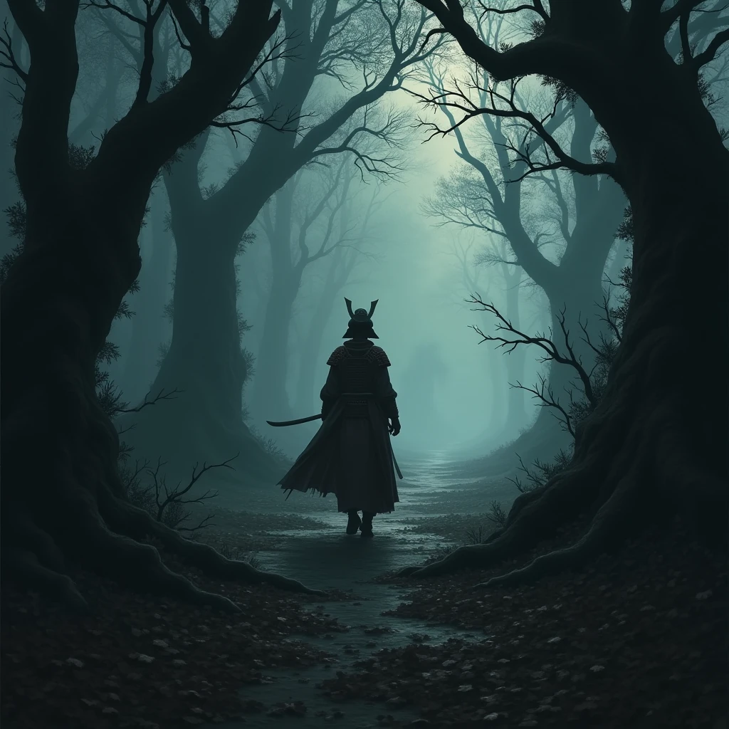 A samurai walking alone in a scary forest 