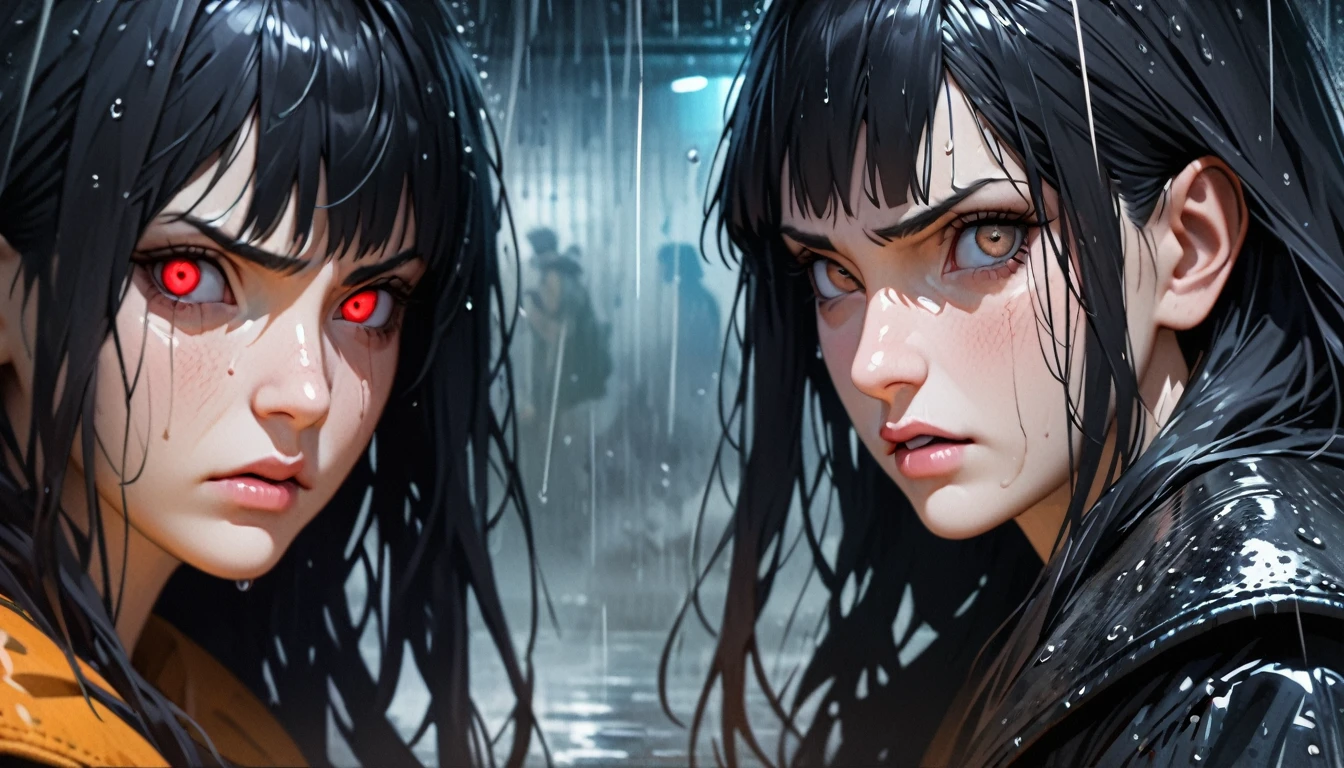 (The best quality,8k,ultra detailed),(realist:1.37),(Portraits,Conceptual artists),intense colours,sharp focus,(rain:0.9),(angry eyes:1.1), hinata, long hair, damp black hair,glass barrel bottom,Eye contact with the viewer,Intense storm background,endless rain)