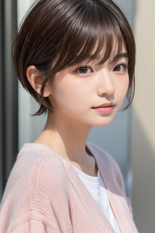 高品質in超リアルなポートレート。彼女は小さく繊細な顔立ちin、I have a slightly rounded face shape。Her expressive almond-shaped eyes have a gentle and warm gaze.、I have strong eyebrows。肌は無垢in透き通るような白さin、It has a natural shine。(Her hair is brown and pixie cut.:1.3)in、シンプルinエレガントに整えられています。メイクはナチュラルin、A light foundation and subtle blush、Uses a soft pink lip color。ライティングはソフトin自然な光を使用し、Accentuating facial features、Does not emphasize shadows。背景はシンプルinぼかしたグラデーションin、Focus on the face。