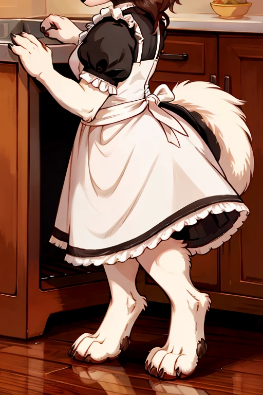 close up of digitigrade furry feet. Each foot has four toes. Each toe has one claw only. The furry wears a maid dress.