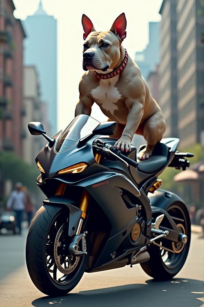 American bully lilac on top of a big sport bike