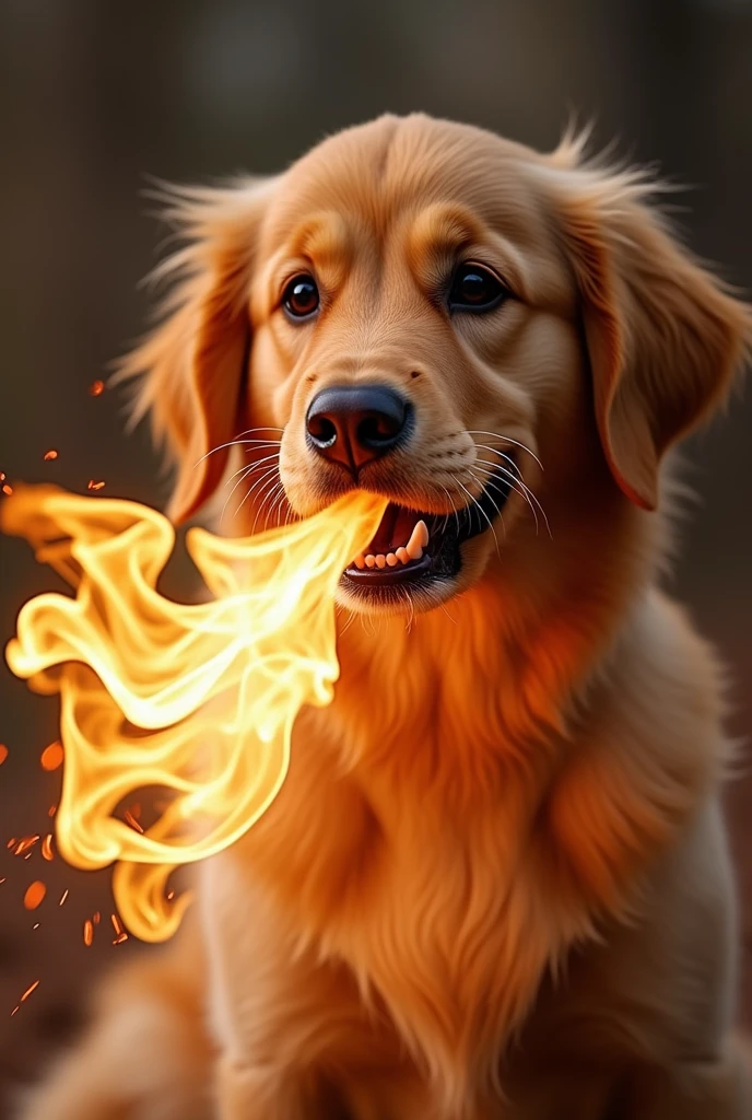 Golden retriever dog spitting fire