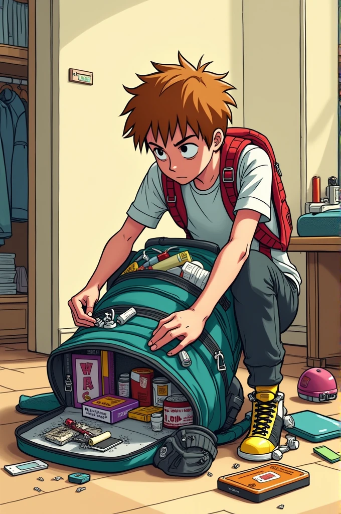 Scott pilgrim packing stuff into a backpack