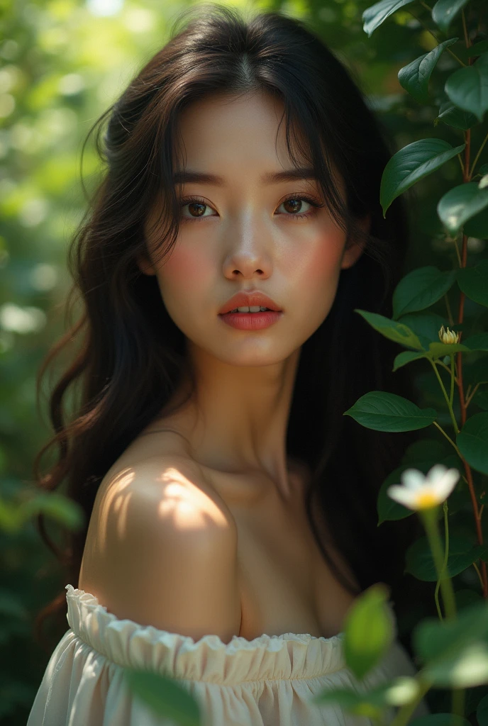 a woman with clear and radiant skin, lively and intense eyes, long and dark hair, an elegant body who loves nature