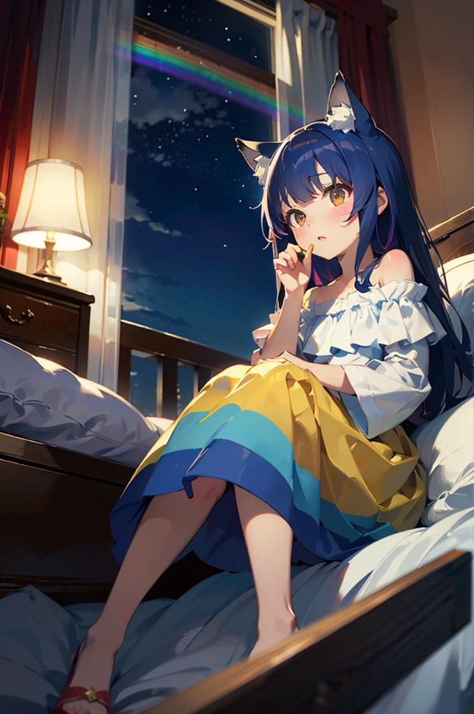 Highest quality, masterpiece, detailed, 1 person,girl,child,blush,Off-the-shoulder dress, Rainbow Hair,Long Hair,Cat ear,Fox tail,night,Sit on the bed,From below