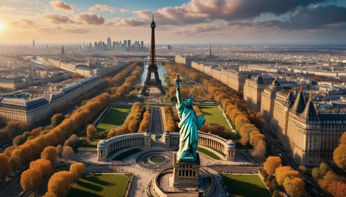 a photo that shows the most famous monuments and animals in the world, the Eiffel Tower, Big Ben, the Kremlin, the Statue of Liberty, the lion, the giraffe, the monkey, the eagle, detailed realistic 8k photo, highly detailed, hyperrealistic, cinematic lighting, vibrant colors, masterpiece, photorealistic, professional photography, ultra-detailed, award-winning photo, studio lighting, 4k, physically-based rendering