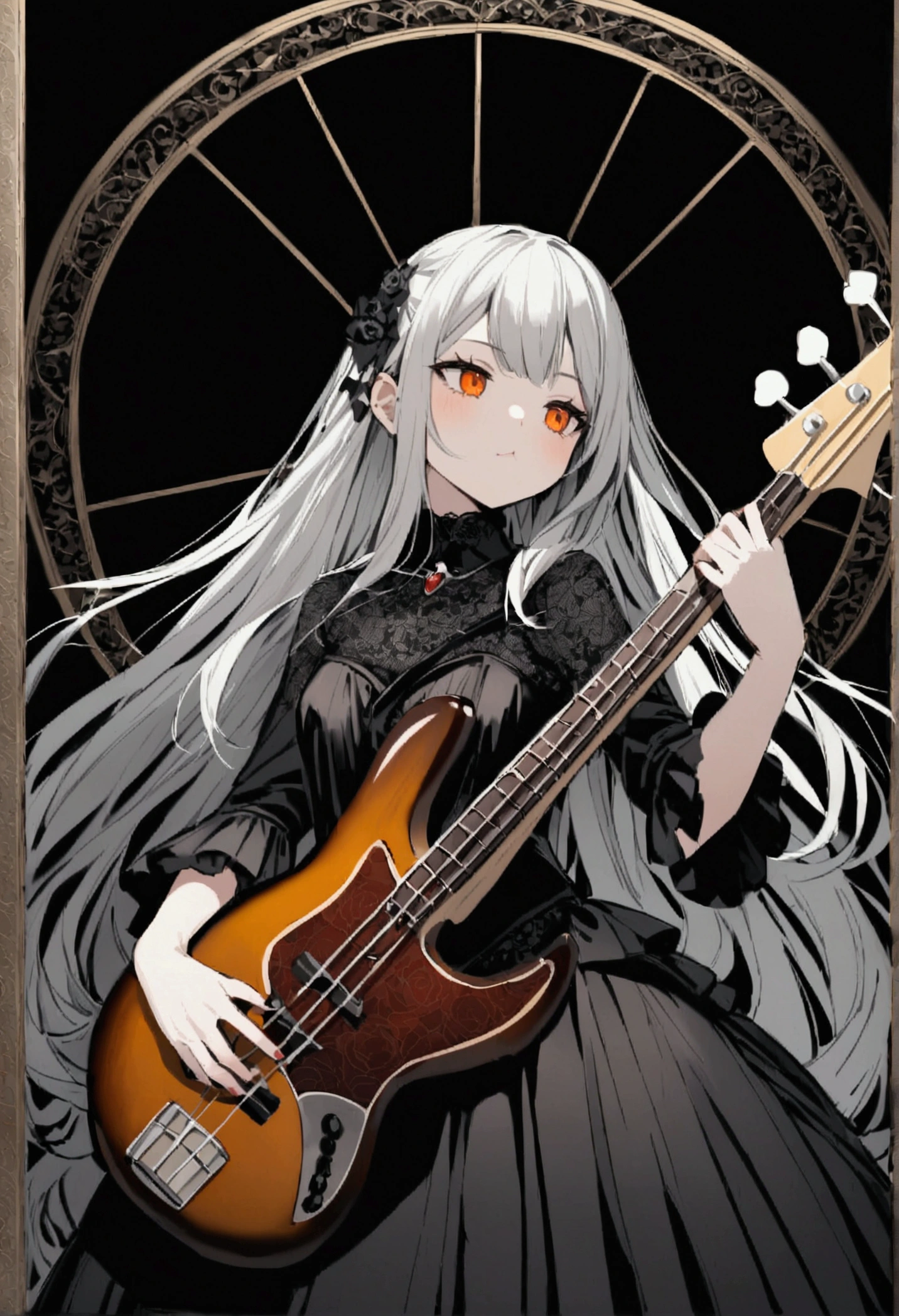 Young woman around her 17-19, has white and gray strands, amber eyes, long hair,flushy cheeks, likes to wear Gothic clothes, her body tipes is hourglass. Playing a bass. 