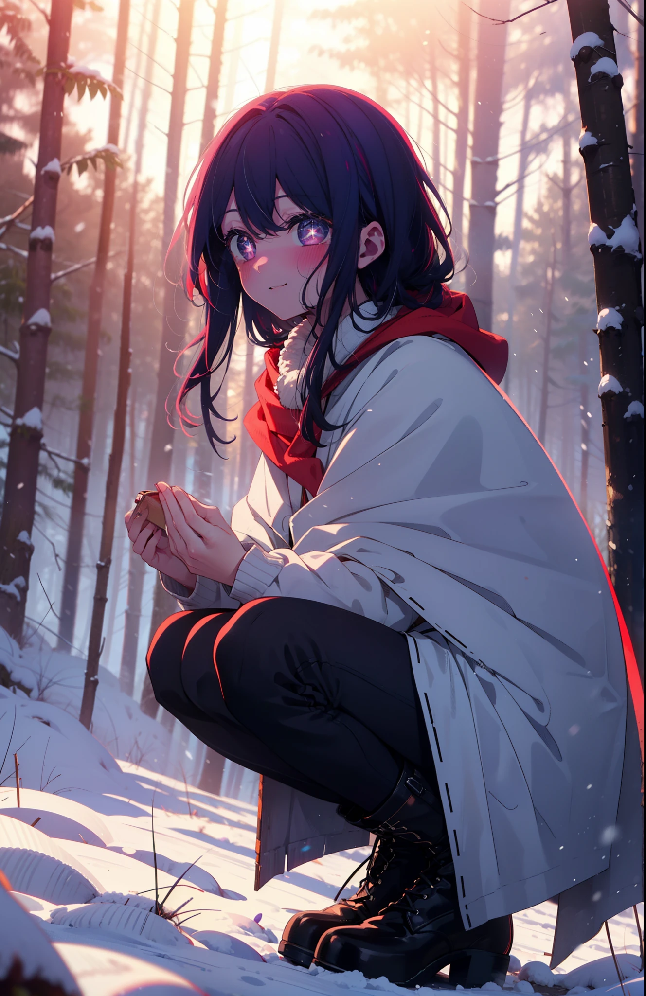 aihoshino, Ai Hoshino, Long Hair, bangs, (Purple eyes:1.1), Purple Hair, (Symbol-shaped pupil:1.5), smile,,smile,blush,white breath,
Open your mouth,snow,Ground bonfire, Outdoor, boots, snowing, From the side, wood, suitcase, Cape, Blurred, , forest, White handbag, nature, Squat, Mouth closed, Cape, winter, Written boundary depth, Black shoes, red Cape break looking at viewer, Upper Body, whole body, break Outdoor, forest, nature, break (masterpiece:1.2), Highest quality, High resolution, unity 8k wallpaper, (shape:0.8), (Beautiful and beautiful eyes:1.6), Highly detailed face, Perfect lighting, Extremely detailed CG, (Perfect hands, Perfect Anatomy),