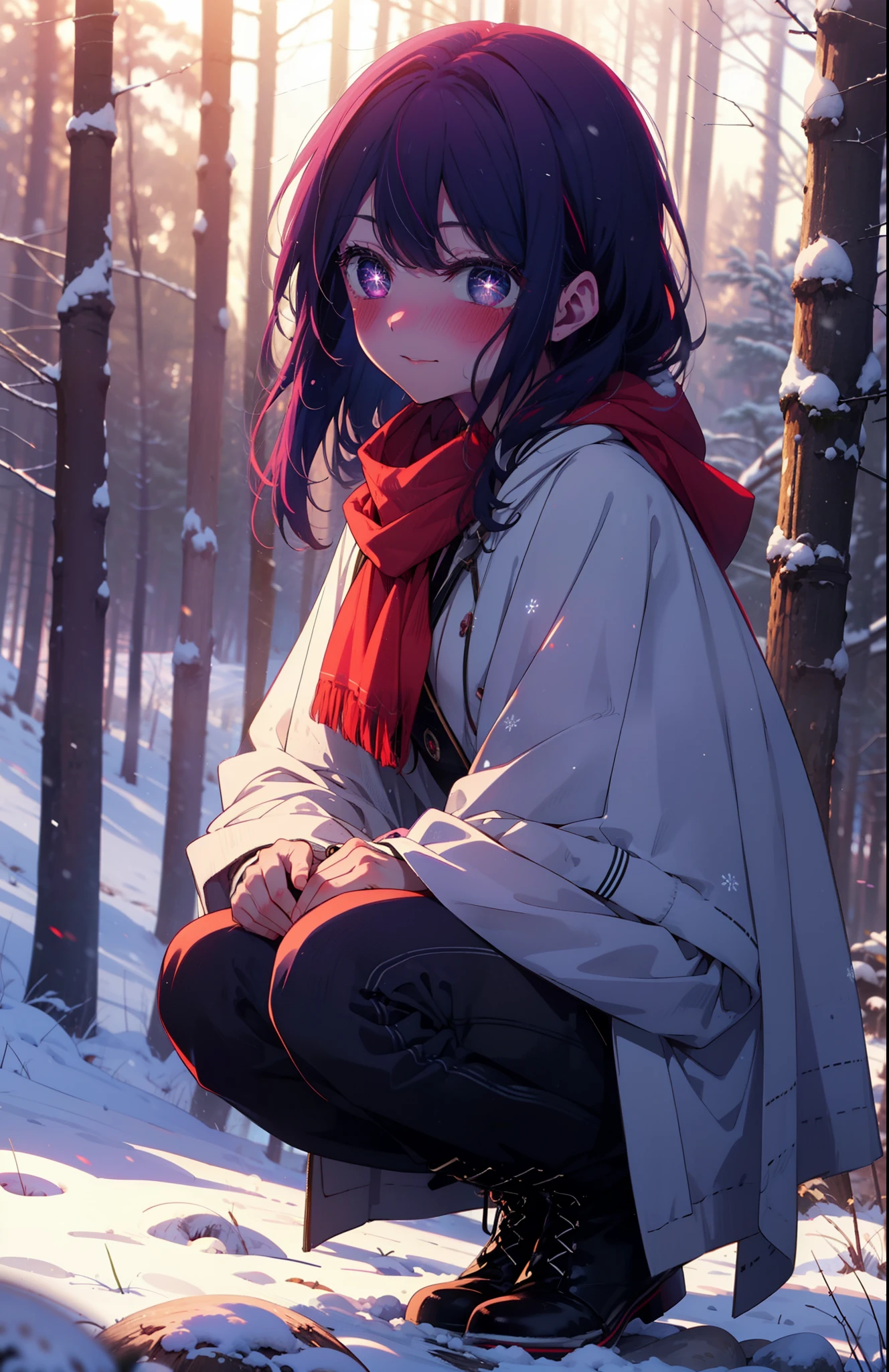 aihoshino, Ai Hoshino, Long Hair, bangs, (Purple eyes:1.1), Purple Hair, (Symbol-shaped pupil:1.5), smile,,smile,blush,white breath,
Open your mouth,snow,Ground bonfire, Outdoor, boots, snowing, From the side, wood, suitcase, Cape, Blurred, , forest, White handbag, nature,  Squat, Mouth closed, Cape, winter, Written boundary depth, Black shoes, red Cape break looking at viewer, Upper Body, whole body, break Outdoor, forest, nature, break (masterpiece:1.2), Highest quality, High resolution, unity 8k wallpaper, (shape:0.8), (Beautiful and beautiful eyes:1.6), Highly detailed face, Perfect lighting, Extremely detailed CG, (Perfect hands, Perfect Anatomy),
