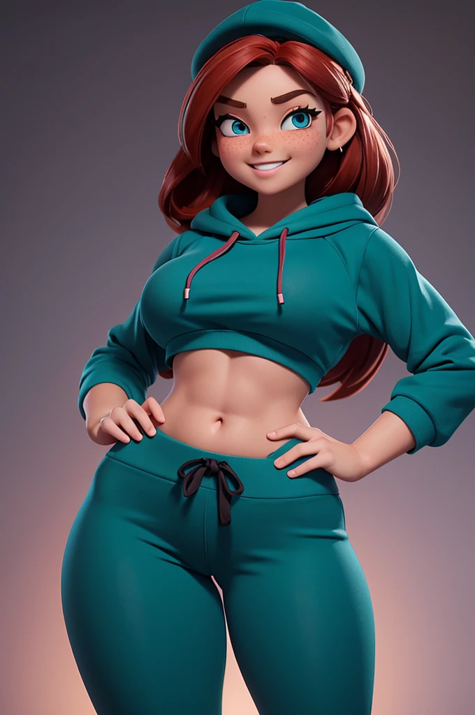 1 girl, cute, teal eyes, smile, stylized, cute smile, very long red hair, thin eyebrows, slight freckles, anatomically correct, masterpiece, best high quality, ultra details, ((top quality)), ((work teacher)) ( detailed), cinematic lighting, complex, great detail, sharp focus, best proportions Four fingers and a thumb, teenager (), standing, athletic, thick thighs, thin waist, thin waist, soft waist, thighs curvy and curvy, wide and thick buttocks, slightly muscular arms, big thighs, black hat, yoga pants, (Netflix hoodie), skater girl, young