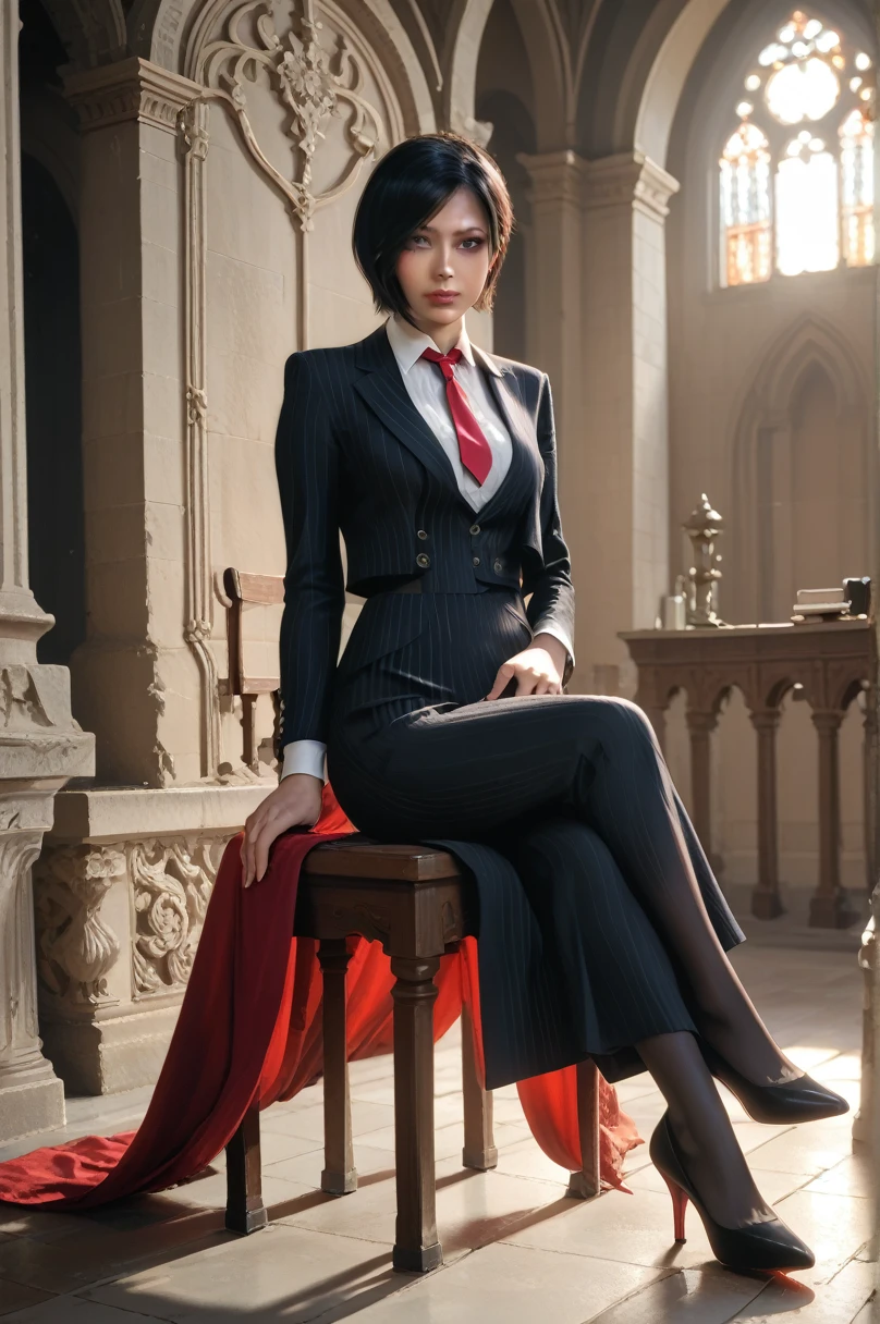 score_9, score_8_up, score_7_up,score_6_up,high resolution,adw,1girl,solo,source_anime,full body,in a castle,black pinstripe skirt suit, (((black pinstripe three-piece suit))), (((dress shirt))), (((red necktie))), (((black pinstripe blazer))), (((suit jacket))), (((waistcoat))), double-breasted waistcoat, (((black pinstripe bodycon pencil skirt)),high heels,short hair,black hair,realistic skin,volumetric lighting,rim lighting,dof,sitting,looking at viewer,sunny