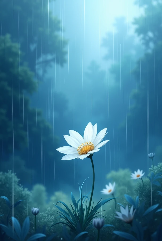 Aesthetic Blue paintish environment, white beli flower, raining