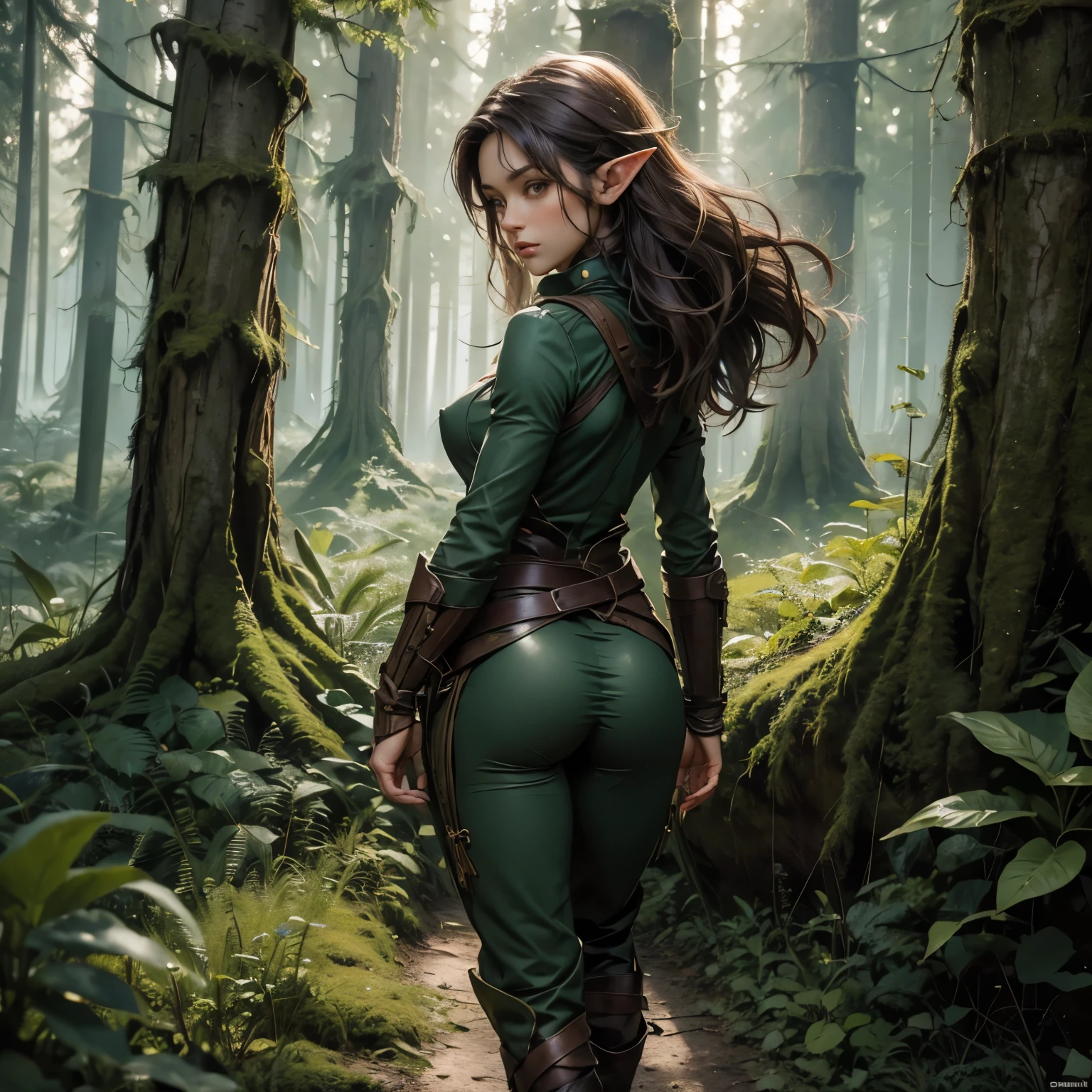 ((Medieval fantasy setting)). Tags: super detail, high details, high quality, best quality, highres, 4K, detailed face, face fix, detailed hands, detailed fingers, portret, 1girl "Echo is a 22-year-old half-elf. She has light brown skin. Thick light chestnut hair with caramel highlights and soft waves. Brown eyes with green hues. Her beautiful face is oval with soft features and pronounced cheekbones. She has full and attractive lips with a natural blush. A slight scar over her right eyebrow. Her ears are small like a human's but pointed like an elf's. Her physique is athletic and slim, she toned and flexible. She has a round and elastic body shapes."
Clothing. Suit: A lightweight suit of dark green and brown material that helps blend in with the forest environment. The suit fits the body without restricting movement and has many pockets for small items or weapons. The fabric has small camouflage elements, similar to leaves and twigs, which additionally helps to remain invisible among trees and bushes.
Bracers: Thin dark green leather bracers with additional straps that can be used to attach small items or weapons.
Boots: Lightweight dark brown leather boots with a soft sole that provides silent movement on the forest floor.
Background: Spring forest. The weather is foggy. paths. Echo hides behind the bushes..
Tags: (Hard Nipples Through Shirt), (Cameltoe), (Nipple Outline), covered nipples, covered pussy, (Ass Outline), Butt Crack