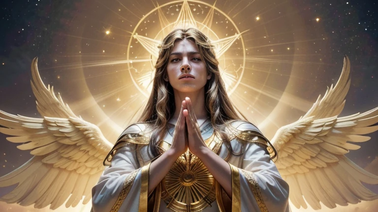 Create a highly detailed and high-definition image of Archangel Gabriel. Gabriel should appear as a majestic and powerful angelic being with a serene and authoritative expression. He has golden, flowing hair and large, radiant wings that shimmer with light. He is dressed in flowing white robes with golden accents, symbolizing his divine role as a messenger of God. In one hand, he holds a shining trumpet, symbolizing his role in delivering important messages, while the other hand is raised in a gesture of peace and blessing. The background should be ethereal, with a heavenly glow and soft, swirling clouds, giving a sense of divine presence. The overall atmosphere should convey a sense of awe, reverence, and divine authority.