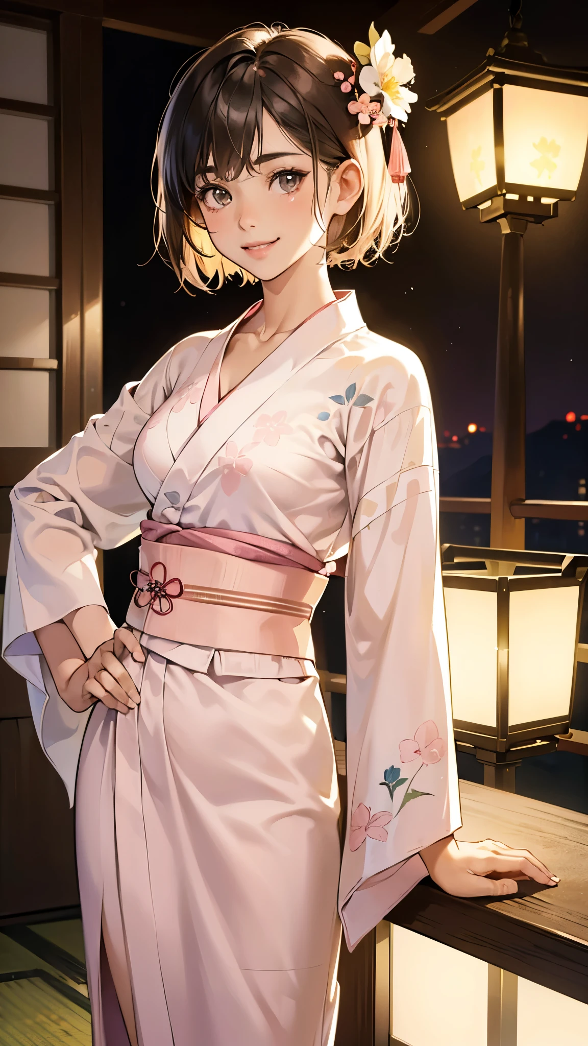 (perfect anatomy:1.2)(absurdres, highres, ultra detailed),masterpiece,best quality,high resolution,8k,Realistic face,Realistic skin texture,magnified textures, stunning clarity,detailed anime girl,(ultra detailed eyes and face),(1 girl)(14 years old:1.2),(baby face:1.2),japanese girl,floral printed blue yukata,、(very short hair:1.5)(two side up:1.6)、tareme,light brown hair:1.2,、glamor、short stature,,Steampunk in the meiji Period、、hieroglyph、Ancient Egyptian statues,(tanned skin:1.5),big breasts,look up viewer,round face,Shoulder Bare,(from front:1.2),(cleavage cutout:1.1),(smile:1.4)(White flower-patterned yukata:1.2)(thin fabrik),(light pink obi:1.2),hands on own hips,、night、Lobby of Japanese Ryokan、