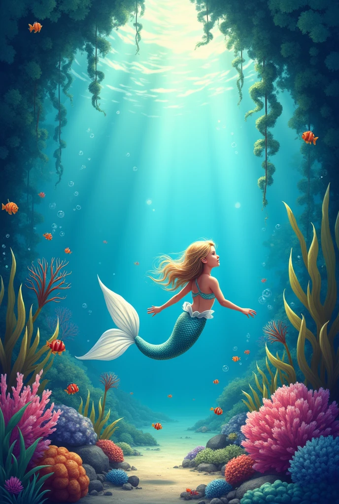 Birthday invitation with a seabed and mermaid theme with space to write in the middle