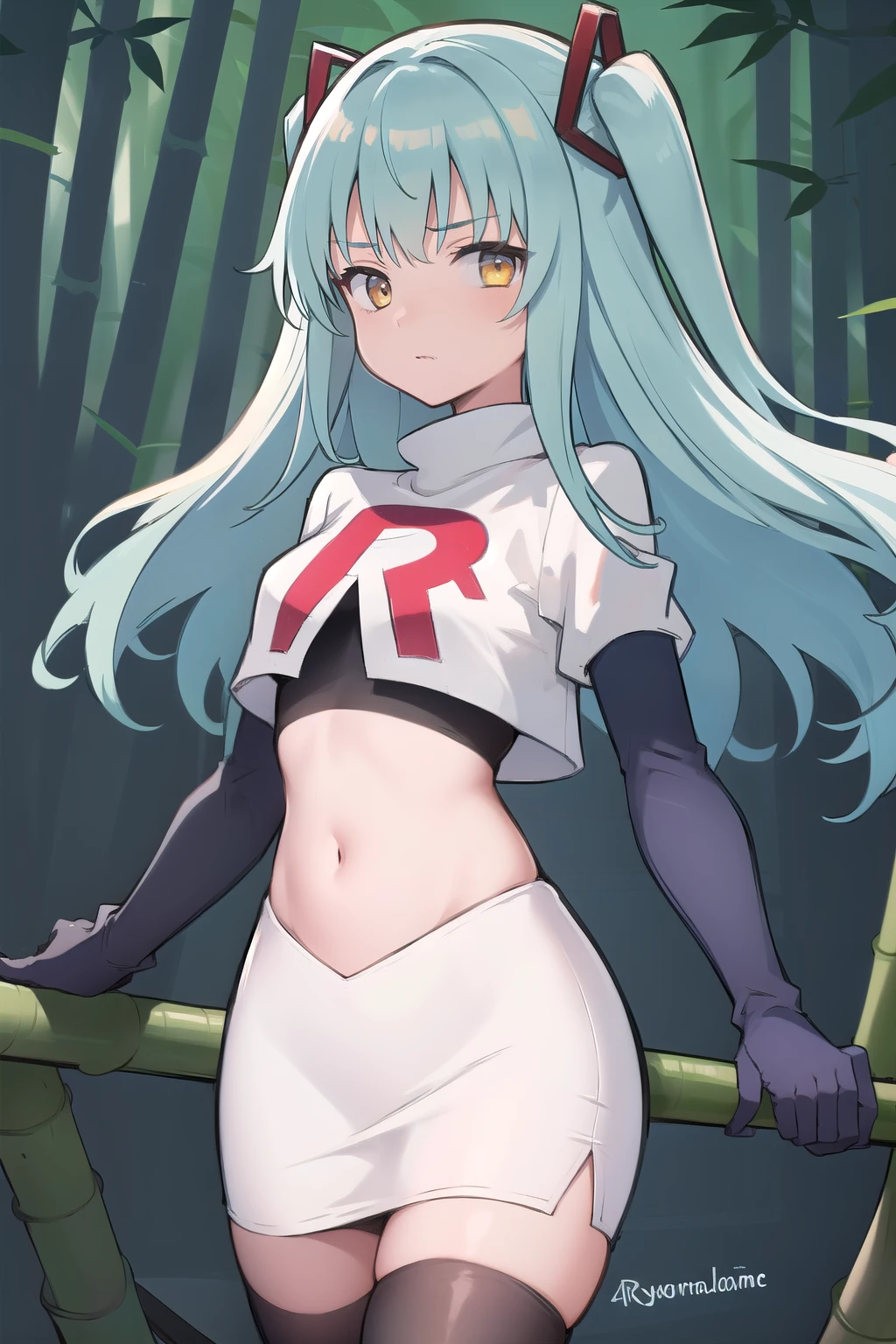 best quality, (masterpiece:1.2), illustration, absurdres,
(1girl, solo), (beautiful detailed girl),
Tio Plato, yellow eyes, aqua hair, long hair, two side up, small breasts,
fake animal ears,
team rocket,team rocket uniform,white skirt,red letter R,crop top,black thigh-highs,black elbow gloves,
looking at viewer,
in bamboo forest, stream,,
cowboy shot,