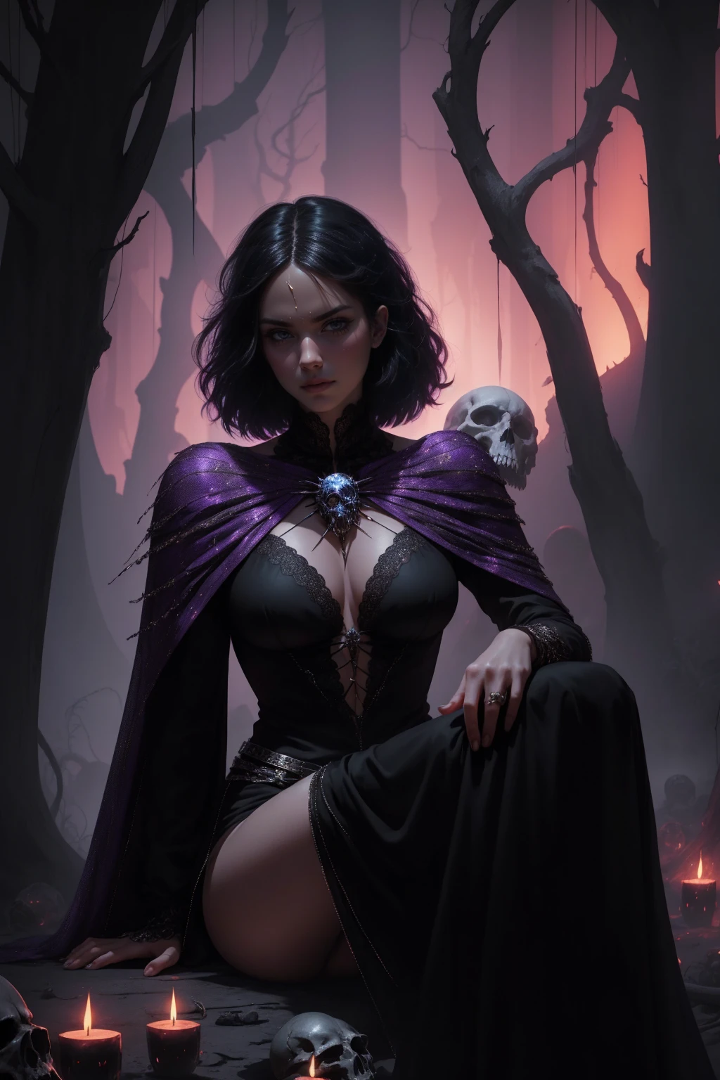 {-erro_de_anatomia:1.0} woman 30 years old, witchcraft, magician,magic clothes, where poison potions and vines abound, a woman (yennefer), short black hair (black hair), (bangs), (purple eyes), looks at you amidst a pile of bones and skulls. Indifferent look , merciless. among the skulls, dancing witk a demon, Angry face, dinamic poses, egoist smile, upper body, sitting on the ground