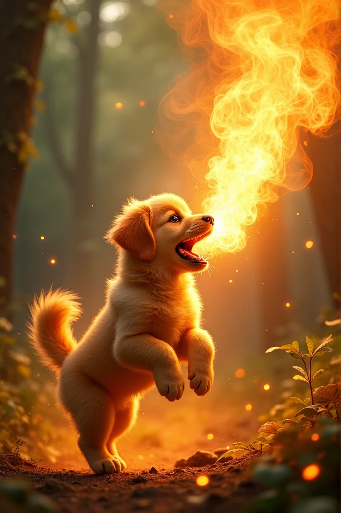 Golden retriever puppy spitting fire