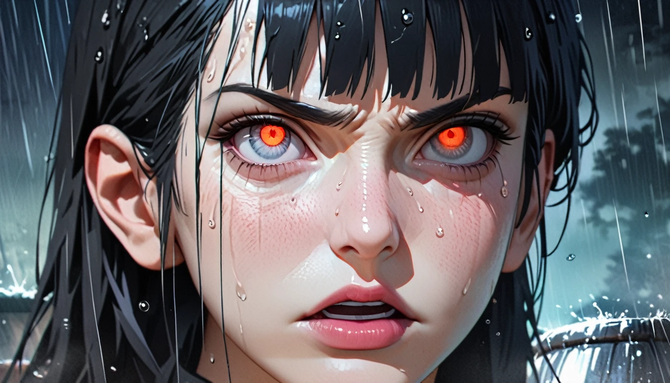 (The best quality,8k,ultra detailed),(realist:1.37),(Portraits,Conceptual artists),intense colours,sharp focus,(rain:0.9),(angry eyes:1.1), hinata, long hair, damp black hair,glass barrel bottom,Eye contact with the viewer,Intense storm background,endless rain)