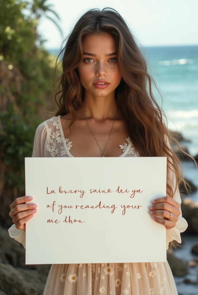 Beautiful girl with wavy long hair, bohemian dress, holding a white board with text "I Love Seaart Infinity" and showing it to the viewer