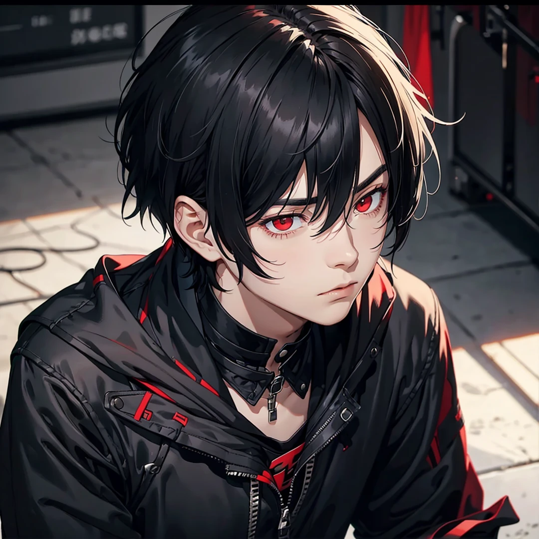 young man with short black hair with red eyes with a gloomy expression black clothes
