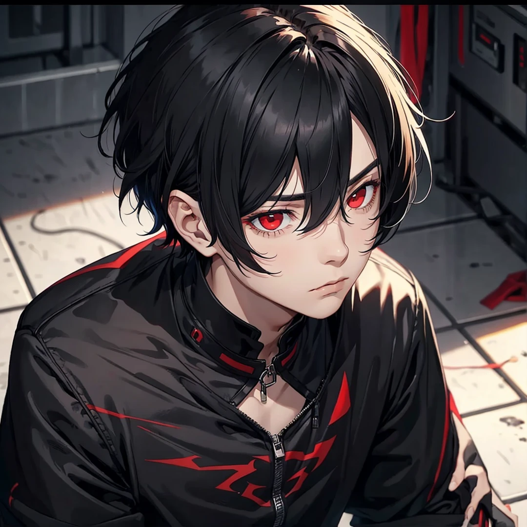 young man with short black hair with red eyes with a gloomy expression black clothes 