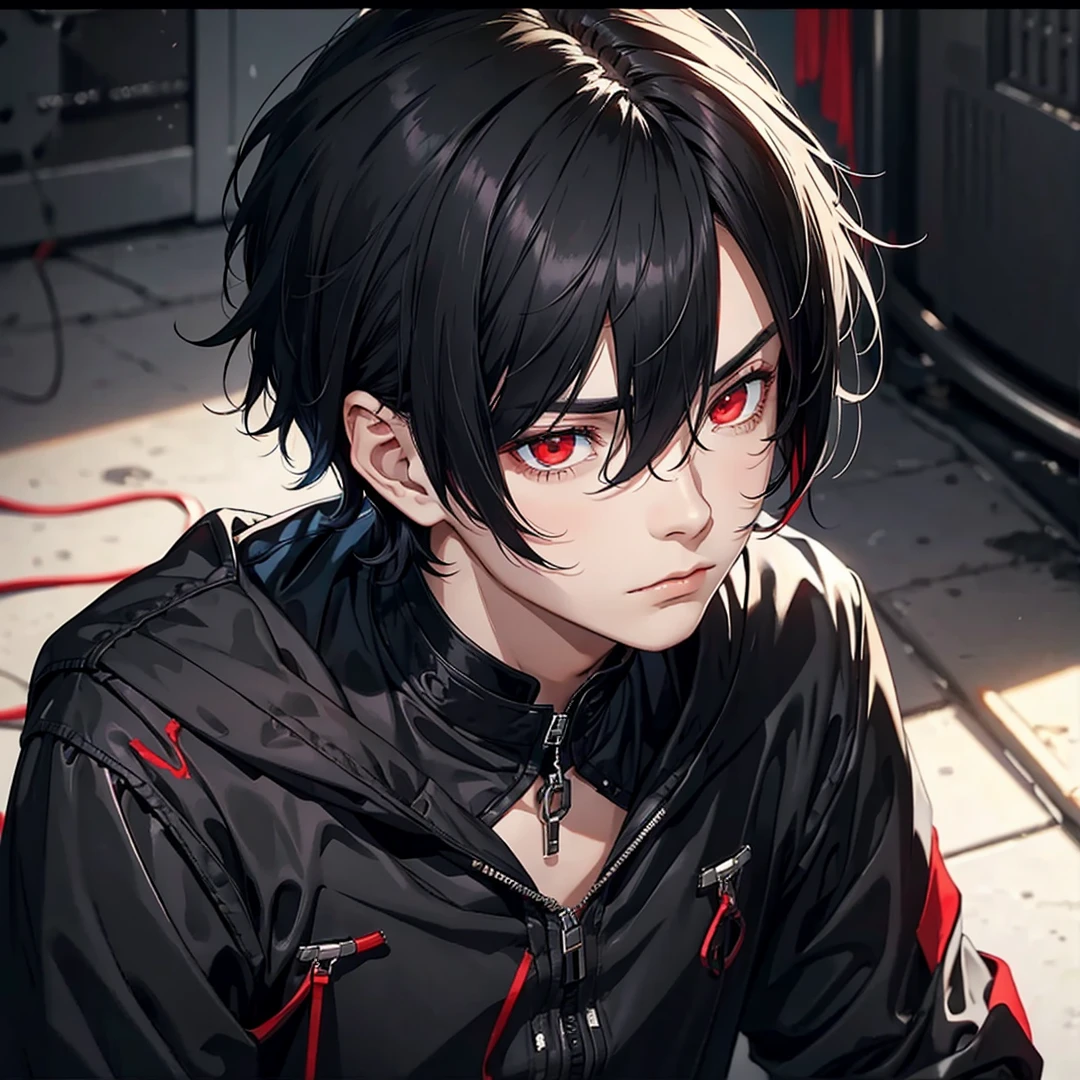 young man with short black hair with red eyes with a gloomy expression black clothes 