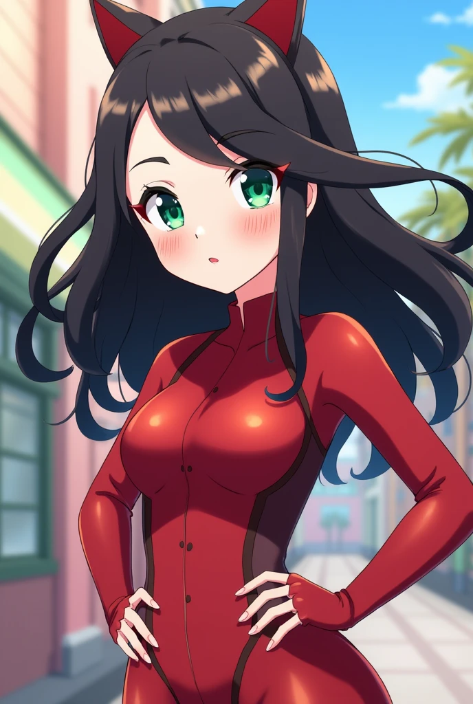 love live!,love live! sunshine!!,kurosawa dia,green eyes,hime cut,black hair,long hair,tsurime, love live! style, pokemon style, female focus on, best detailed girl, focus on face, hand on hip, woman, 20 years old, long black hair, hime cut, ,streching,arms in front breast, extremely detailed,red cat suits,brow a kiss,wink