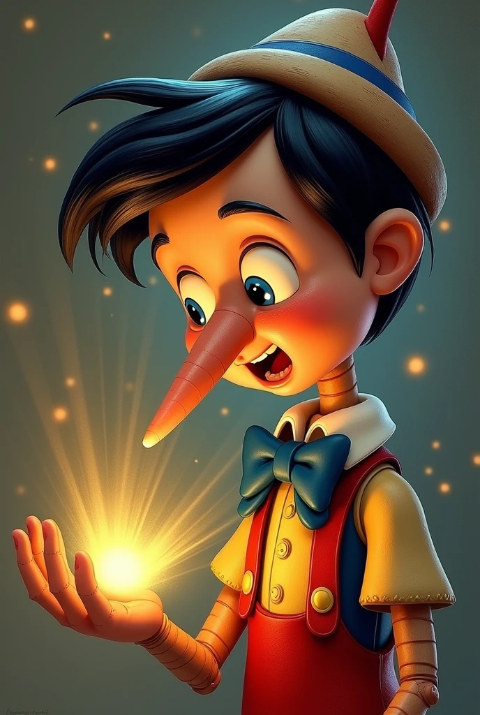Pinocchio, With a shocked expression, look at his nose shining